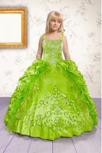 Custom Made Pick Ups Ball Gowns Pageant Dress for Girls Apple Green Spaghetti Straps Satin Sleeveless Floor Length Lace 