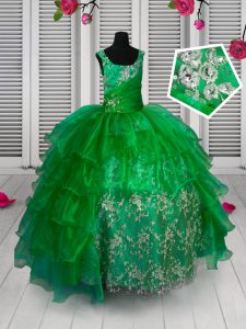 Attractive Sleeveless Floor Length Appliques and Ruffled Layers Lace Up Little Girl Pageant Dress with Green
