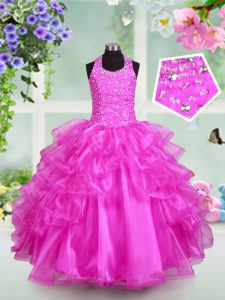 Halter Top Ruffled Fuchsia Sleeveless Organza Lace Up Child Pageant Dress for Party