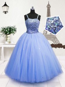Sequins Ball Gowns Custom Made Pageant Dress Light Blue Spaghetti Straps Tulle Sleeveless Floor Length Zipper