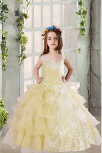 Light Yellow Organza Lace Up Square Sleeveless Floor Length Little Girls Pageant Gowns Lace and Ruffled Layers
