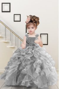 Cheap Sleeveless Organza Floor Length Lace Up Little Girls Pageant Dress Wholesale in Grey with Beading and Ruffles