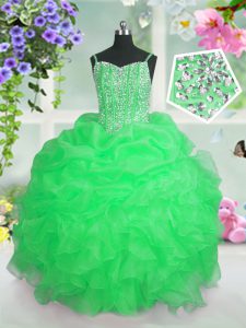 Trendy Organza Lace Up Little Girls Pageant Gowns Sleeveless Floor Length Beading and Ruffles and Pick Ups