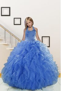 Custom Designed Halter Top Sleeveless Floor Length Beading and Ruffles Lace Up Kids Formal Wear with Blue