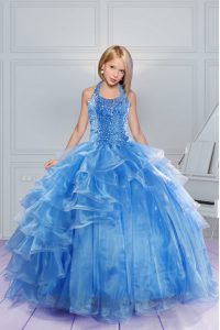 Vintage Halter Top Beading and Ruffles Pageant Dress for Teens Baby Blue Lace Up Sleeveless Floor Length