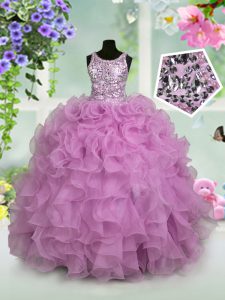 Lilac Winning Pageant Gowns Party and Wedding Party and For with Ruffles and Sequins Scoop Sleeveless Zipper