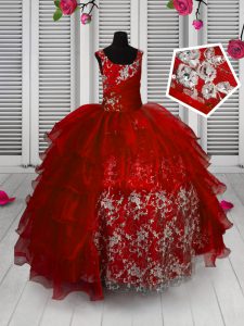 Unique Straps Sleeveless Little Girls Pageant Dress Floor Length Appliques and Ruffled Layers Red Organza
