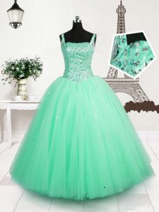 Turquoise Sleeveless Floor Length Beading and Sequins Lace Up Little Girls Pageant Dress Wholesale