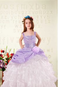 Colorful Ruffled Ball Gowns Kids Formal Wear Lilac Straps Organza Sleeveless Floor Length Lace Up