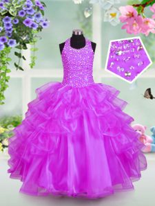 Halter Top Lilac Organza Lace Up Evening Gowns Sleeveless Floor Length Beading and Ruffled Layers