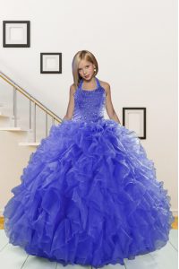 Super Halter Top Sleeveless Lace Up Floor Length Beading and Ruffles Little Girl Pageant Dress