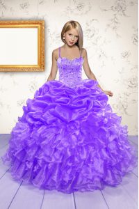 Sophisticated Eggplant Purple Sleeveless Floor Length Beading and Ruffles and Pick Ups Lace Up Little Girls Pageant Dres