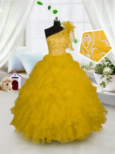 Ball Gowns Custom Made Pageant Dress Gold One Shoulder Organza Sleeveless Floor Length Side Zipper