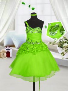 Custom Designed Lace Up One Shoulder Beading and Hand Made Flower Kids Formal Wear Organza Sleeveless