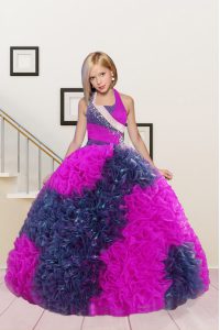 Halter Top Floor Length Lace Up Little Girl Pageant Gowns Hot Pink for Party and Wedding Party with Beading and Ruffles