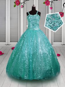 Classical Turquoise Sequined Lace Up Little Girls Pageant Gowns Sleeveless Floor Length Beading and Sequins