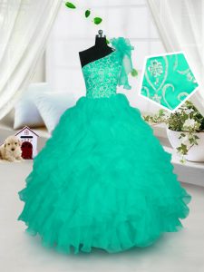 One Shoulder Turquoise Sleeveless Organza Lace Up Little Girls Pageant Dress for Party and Wedding Party