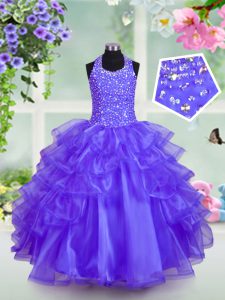 Luxurious Blue Lace Up Halter Top Beading and Ruffled Layers Little Girls Pageant Gowns Organza Sleeveless
