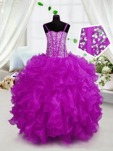 Fashion Hot Pink Sleeveless Organza Lace Up Little Girl Pageant Gowns for Party and Wedding Party