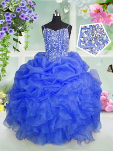 Pick Ups Baby Blue Sleeveless Organza Lace Up Little Girl Pageant Gowns for Party and Wedding Party