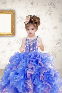 Sumptuous Organza Spaghetti Straps Sleeveless Lace Up Beading and Ruffles and Sequins Little Girl Pageant Dress in Multi
