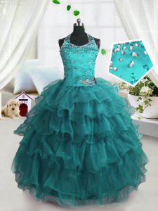 Turquoise Sleeveless Floor Length Beading and Ruffled Layers Lace Up Little Girl Pageant Dress