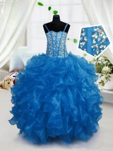 Fantastic Blue Spaghetti Straps Neckline Beading and Ruffles Pageant Gowns For Girls Sleeveless Lace Up