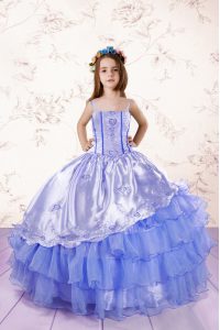 Fancy Baby Blue Organza Lace Up Spaghetti Straps Sleeveless Floor Length Pageant Dress for Teens Embroidery and Ruffled 