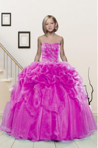 Shining Organza Sweetheart Sleeveless Lace Up Beading and Pick Ups Custom Made Pageant Dress in Fuchsia