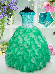 Off the Shoulder Green Ball Gowns Beading and Hand Made Flower Little Girl Pageant Dress Lace Up Organza Sleeveless Floo