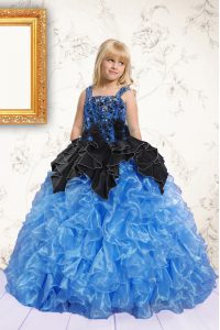 Popular Pick Ups Blue Sleeveless Organza Lace Up Little Girl Pageant Dress for Party and Wedding Party