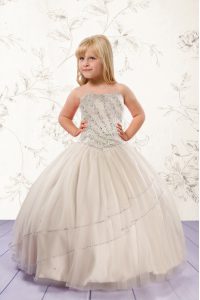 Comfortable Tulle Strapless Sleeveless Lace Up Beading Pageant Gowns For Girls in Champagne