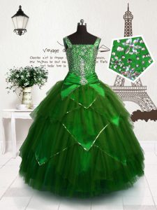 Excellent Dark Green Kids Formal Wear Party and Wedding Party and For with Beading and Sashes ribbons Straps Sleeveless 