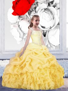 Sleeveless Organza Floor Length Lace Up Pageant Gowns For Girls in Gold with Beading and Ruffles and Pick Ups