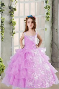 Lavender Organza Lace Up Square Sleeveless Floor Length Kids Formal Wear Lace and Ruffled Layers