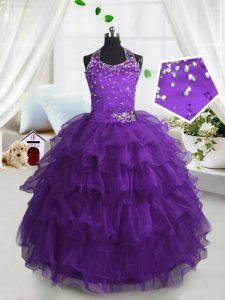Inexpensive Scoop Ruffled Purple Sleeveless Organza Lace Up Pageant Dress for Womens for Party and Wedding Party