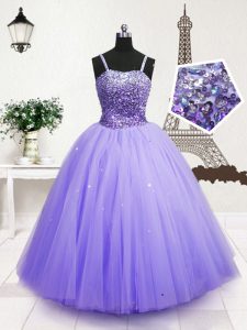Ideal Blue Ball Gowns Tulle Spaghetti Straps Sleeveless Beading and Sequins Floor Length Zipper Pageant Dress Toddler