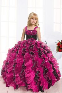 Eye-catching Black and Hot Pink Ball Gowns Organza Straps Sleeveless Beading and Ruffles Floor Length Lace Up Girls Page