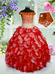 Eye-catching Organza Off The Shoulder Sleeveless Lace Up Beading and Hand Made Flower Little Girls Pageant Dress Wholesa