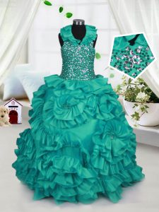 Customized Turquoise Halter Top Zipper Beading and Ruffles Pageant Dress for Girls Sleeveless