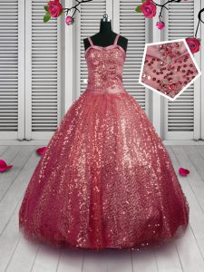 Chic Sequins Floor Length Watermelon Red Glitz Pageant Dress Straps Sleeveless Lace Up