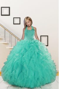 Unique Halter Top Turquoise Sleeveless Beading and Ruffles Floor Length Girls Pageant Dresses