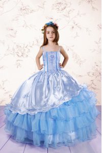 Baby Blue Sleeveless Embroidery and Ruffled Layers Floor Length Glitz Pageant Dress