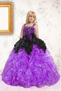 Floor Length Black and Purple Pageant Gowns Organza Sleeveless Beading and Ruffles