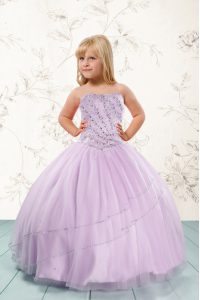 Elegant Ball Gowns Little Girls Pageant Gowns Lilac Strapless Tulle Sleeveless Floor Length Lace Up