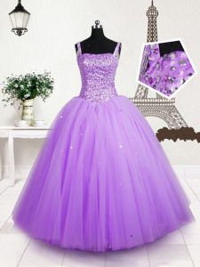 Fancy Floor Length Lilac Pageant Dress for Womens Tulle Sleeveless Beading and Sequins