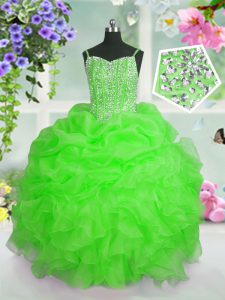 Delicate Straps Sleeveless Organza Little Girls Pageant Dress Beading and Ruffles and Pick Ups Lace Up