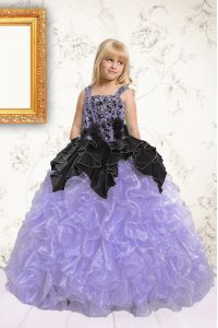 Pick Ups Floor Length Lavender Little Girls Pageant Gowns Straps Sleeveless Lace Up