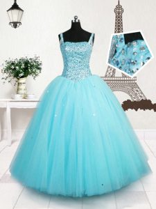 Inexpensive Light Blue Tulle Lace Up Straps Sleeveless Floor Length Little Girls Pageant Dress Beading and Sequins