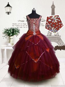 Fuchsia Tulle Lace Up Straps Sleeveless Floor Length Kids Pageant Dress Beading and Belt